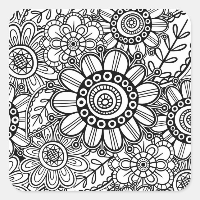 Doodle Folk Art Floral Line Drawing Pattern Square Sticker (Front)