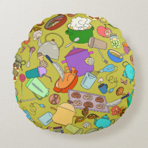 Doodle food and utensils, seamless texture. round pillow