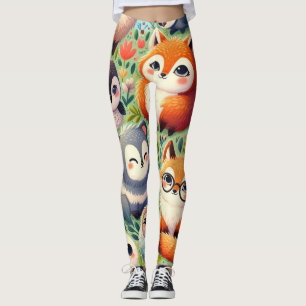 doodle funny cartoon, animal pattern happy fun,  l leggings