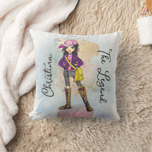 Doodle Girl With Dark Hair Gold Name Throw Pillow