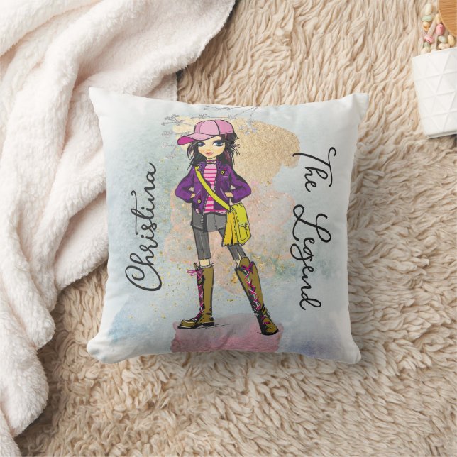 Doodle Girl With Dark Hair Gold Name Throw Pillow (Blanket)