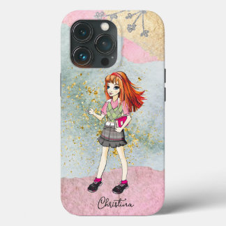 Doodle Girl With Red Hair Gold Name iPhone 13 Pro Case