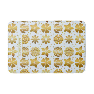 Doodle golden floral pattern personalized name bath mat