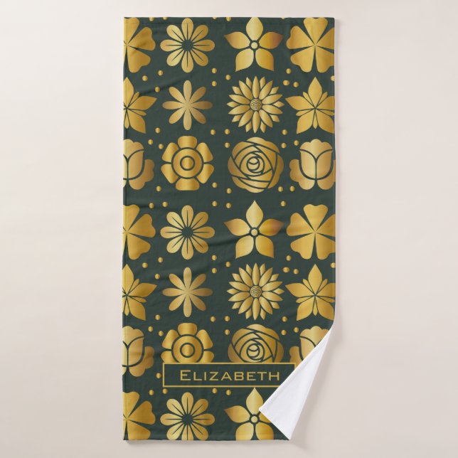 Doodle golden floral pattern personalized name  bath towel (Bath Towel)