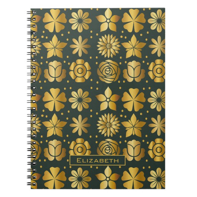 Doodle golden floral pattern personalized name  notebook (Front)
