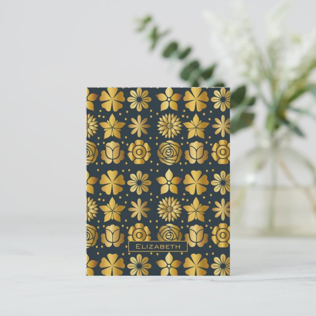 Doodle golden floral pattern personalized name postcard (Standing Front)
