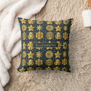 Doodle golden floral pattern personalized name throw pillow