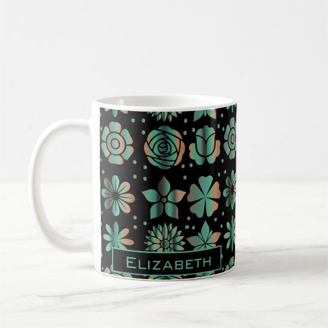 Doodle greenery floral pattern personalized name  coffee mug (Left)