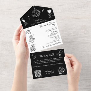 Doodle Hand Drawn All in One Black White QR Code  Invitation
