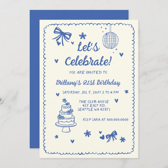 Doodle Hand drawn Blue Bow Disco Ball Birthday Invitation (Front/Back)