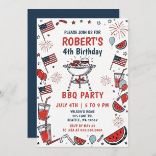 Doodle Hand Drawn July 4th BBQ Birthday Party  Invitation