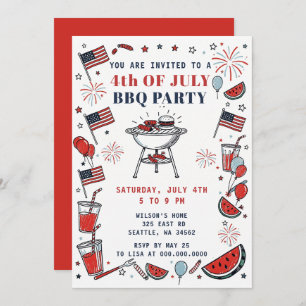 Doodle Hand Drawn July 4th BBQ Holiday Party  Invitation