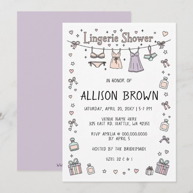 Doodle Hand Drawn Lingerie Shower Bachelorette  Invitation (Front/Back)