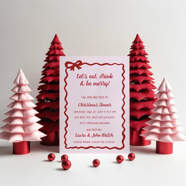 Doodle Hand drawn Pink Red Bow Christmas Party Invitation (Doodle Hand drawn Pink Red Bow Christmas Party Invitation)