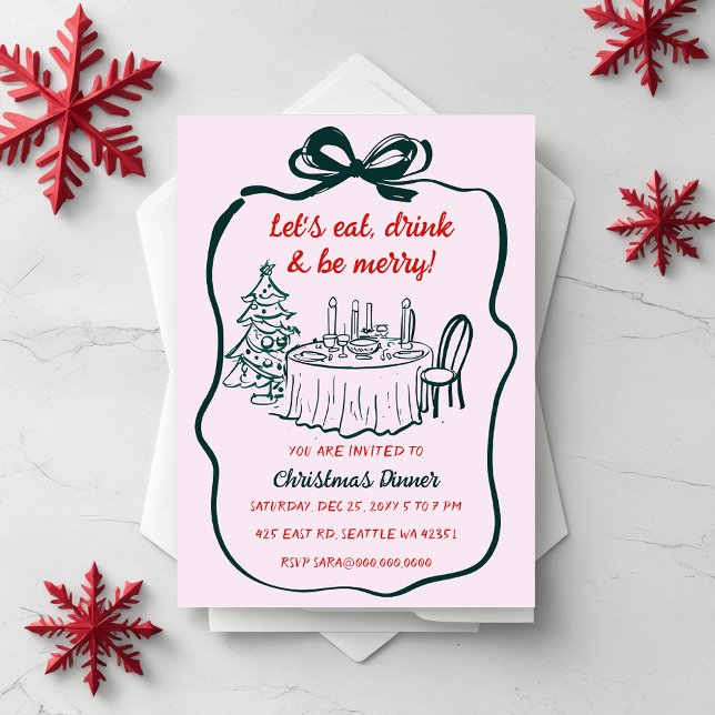 Doodle Hand drawn Pink Red Christmas Party Invitation (Doodle Hand drawn Pink Red Christmas Party Invitation)