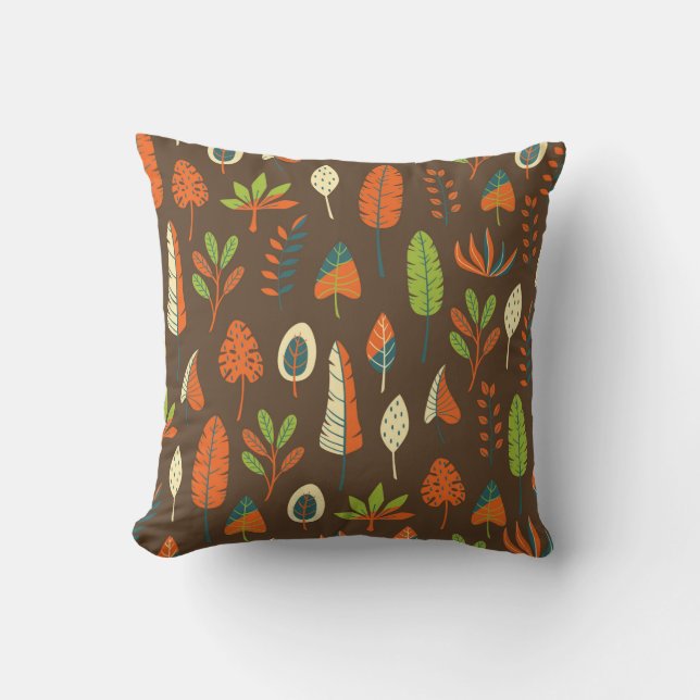 Doodle Hand Drawn Tropical Pattern with Leaves on  Throw Pillow (Front)
