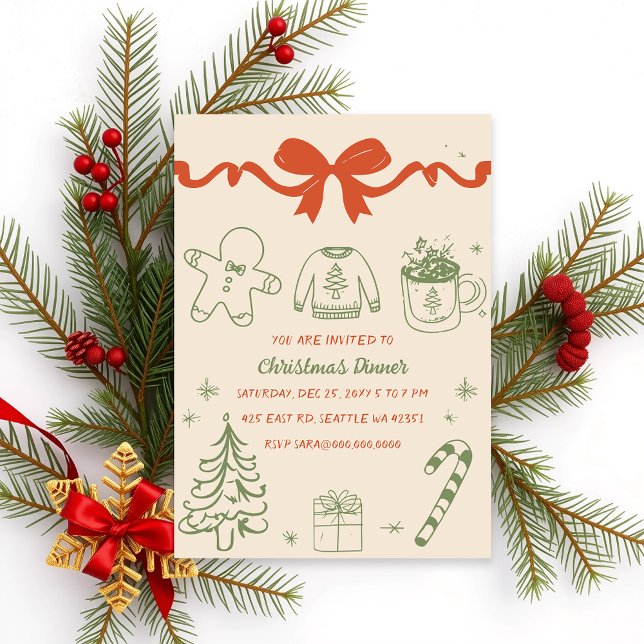 Doodle Hand drawn Vintage Green Christmas Party Invitation (Doodle Hand drawn Vintage Green Christmas Party Invitation)