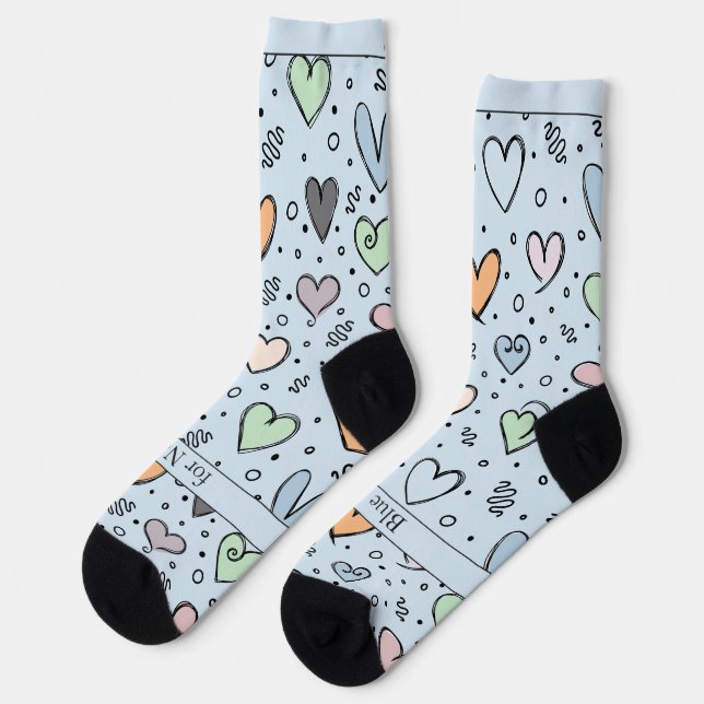Doodle Hearts on Light Blue with Text Socks (Left)