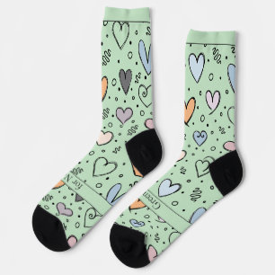 Doodle Hearts on Light Green with Text Socks