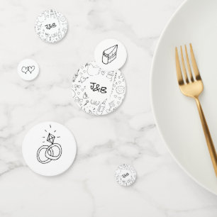 Doodle Illustrations Wedding in Black and White Confetti