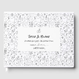 Doodle Illustrations Wedding in Black and White Guest Book