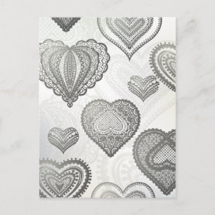 Doodle & lace grey hearts postcard