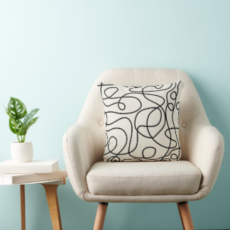 Doodle Line Art Pattern | Black on Cream Throw Pillow