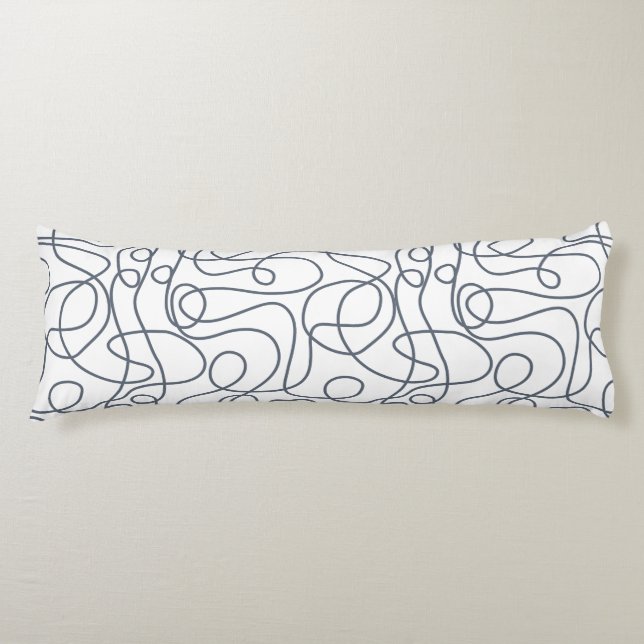 Doodle Line Art Pattern | Blue-Grey on White Body Pillow (Front)