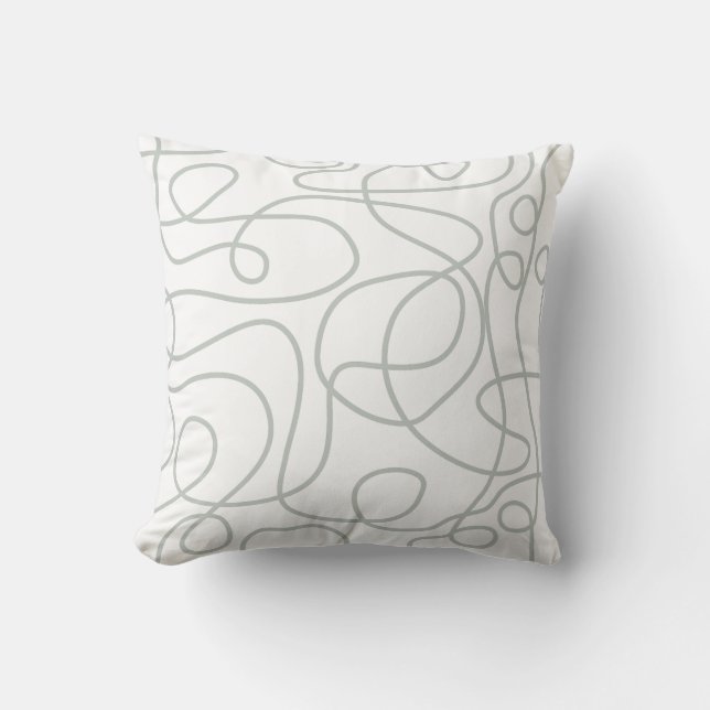 Doodle Line Art Pattern | Light GrayGreen on White Throw Pillow (Front)