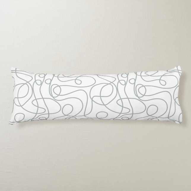 Doodle Line Art Pattern | Mid Grey Green on White Body Pillow (Front)
