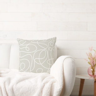 Doodle Line Art Pattern White on Beige/Warm Grey Throw Pillow