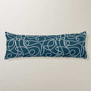 Doodle Line Art Pattern   White on Dark Blue-Green Body Pillow