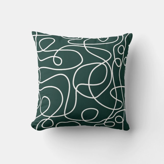 Doodle Line Art Pattern | White on Dark Emerald Throw Pillow (Front)