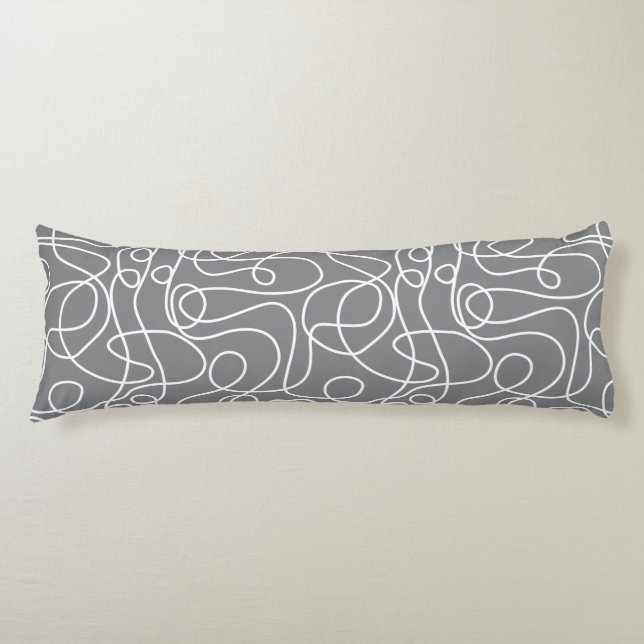 Doodle Line Art Pattern | White on Grey Body Pillow (Front)