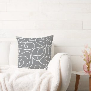 Doodle Line Art Pattern White on Grey Throw Pillow