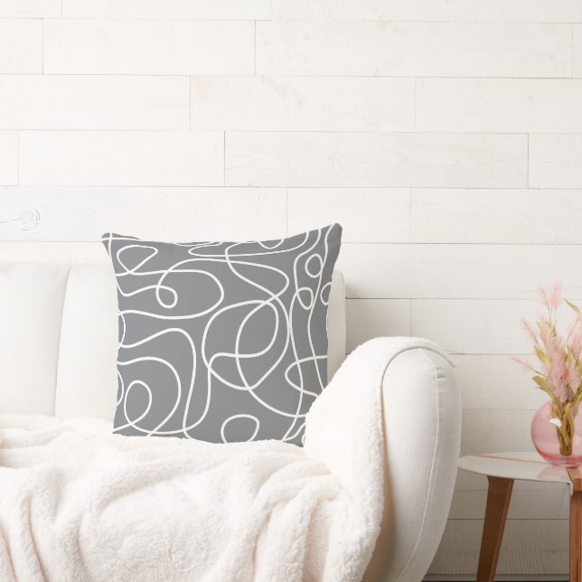 Doodle Line Art Pattern | White on Grey Throw Pillow (Couch)