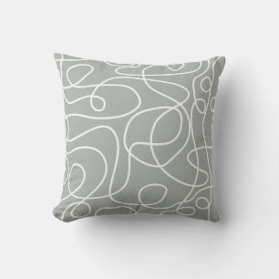 Doodle Line Art Pattern White on Mid Grey Green Throw Pillow