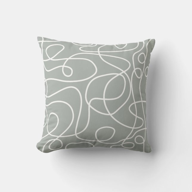 Doodle Line Art Pattern | White on Mid Grey Green Throw Pillow (Front)