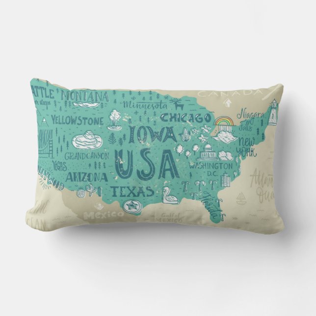 Doodle Map Of USA Lumbar Pillow (Front)