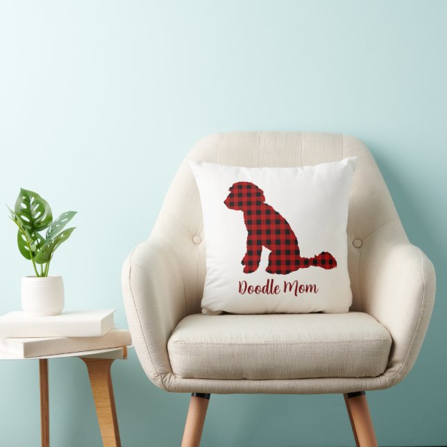 Doodle Mom Labradoodle In Buffalo Check Plaid  Throw Pillow (Chair)