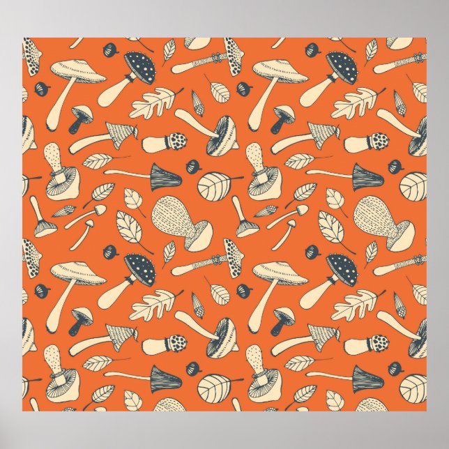Doodle Mushroom Vintage Seamless Wallpaper Poster (Front)