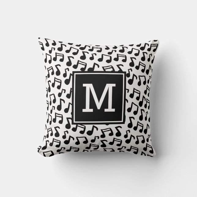 Doodle Music notes personalized monogram B/W Throw Pillow (Front)