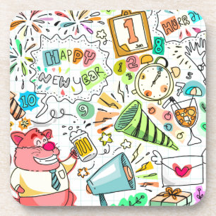 doodle new year party celebration coaster