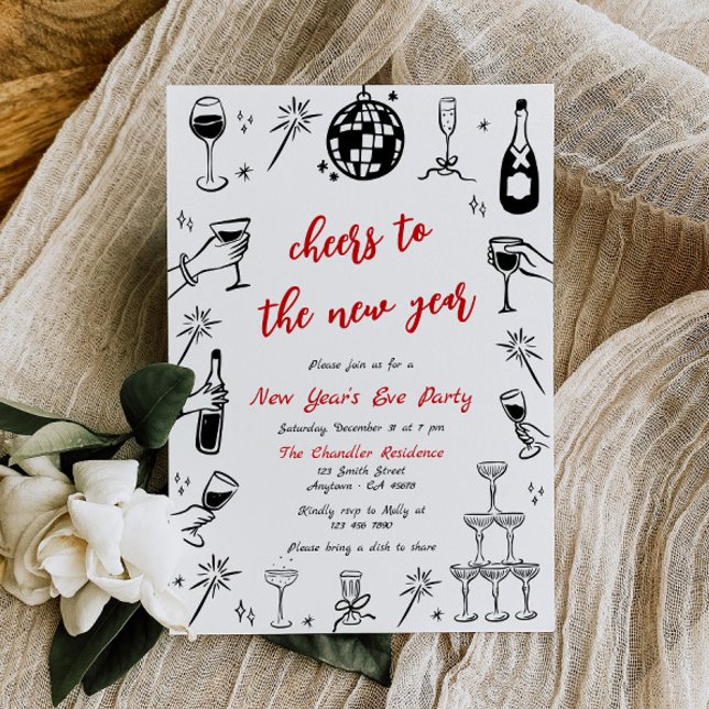 Doodle New Year's Eve Party Invitation Quirky Red  (Creator Uploaded)