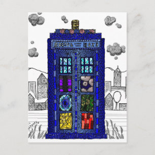 Doodle of a blue box police call box postcard