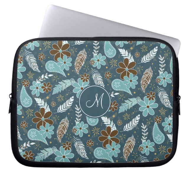 doodle paisley feather flowery boho  pattern teal laptop sleeve (Front)
