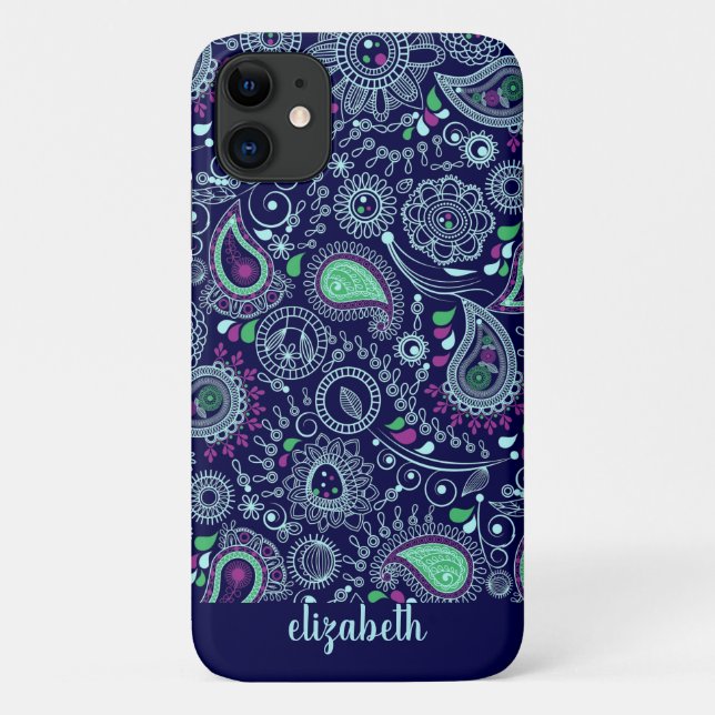 Doodle Paisley Pattern Dark Blue Case-Mate iPhone Case (Back)