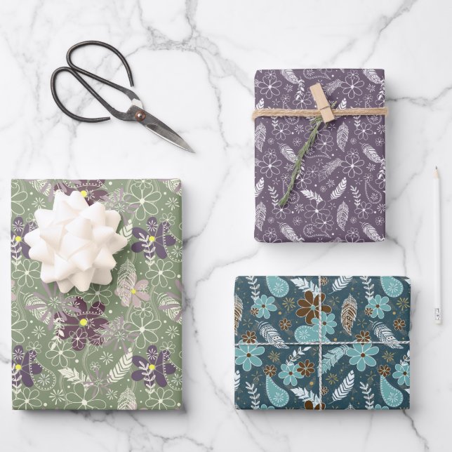 doodle paislies feathers flowers 3 colour variety wrapping paper sheet (Front)