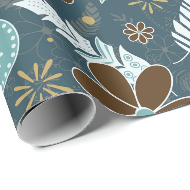 doodle paislies feathers flowers boho pattern teal wrapping paper (Roll Corner)