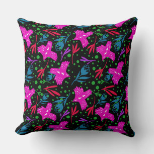 Doodle pattern flowers, leaves birds black backgro throw pillow